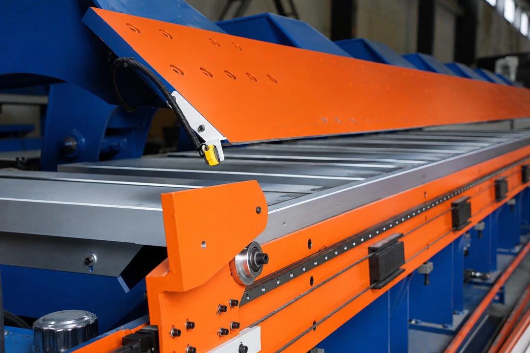 Orange clamping beam and silver support members on a blue sheet metal folding machine