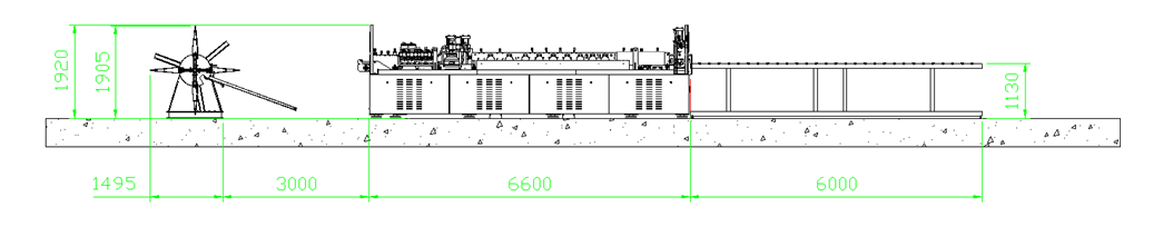 HLG-300 catalogue line layout showing coil feed, enclosed forming machine and run-out support