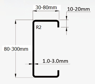 HCZ-S20 reference drawing of a C purlin section with labelled web, flange, lip and material thickness