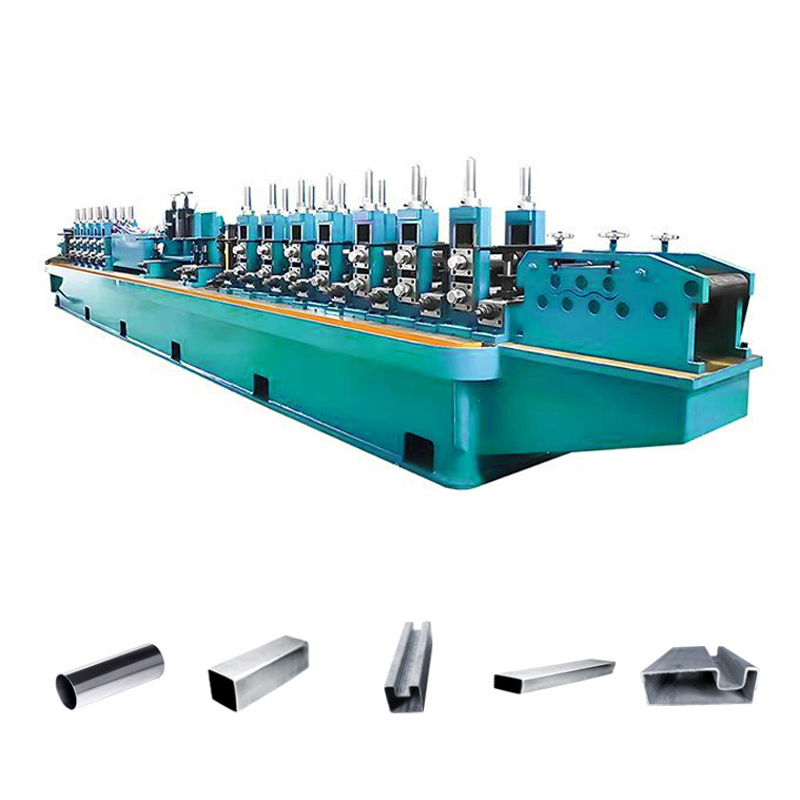 Production-base catalogue reference showing a pipe-forming mill section and sample profiles