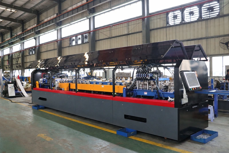 HTJ-1600 light-gauge steel framing roll-forming line in our Xiamen production base, a machine used for light-duty floor joist members